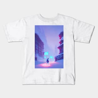 Anime Girl Snowy Street Lights Christmas Landscape Kids T-Shirt